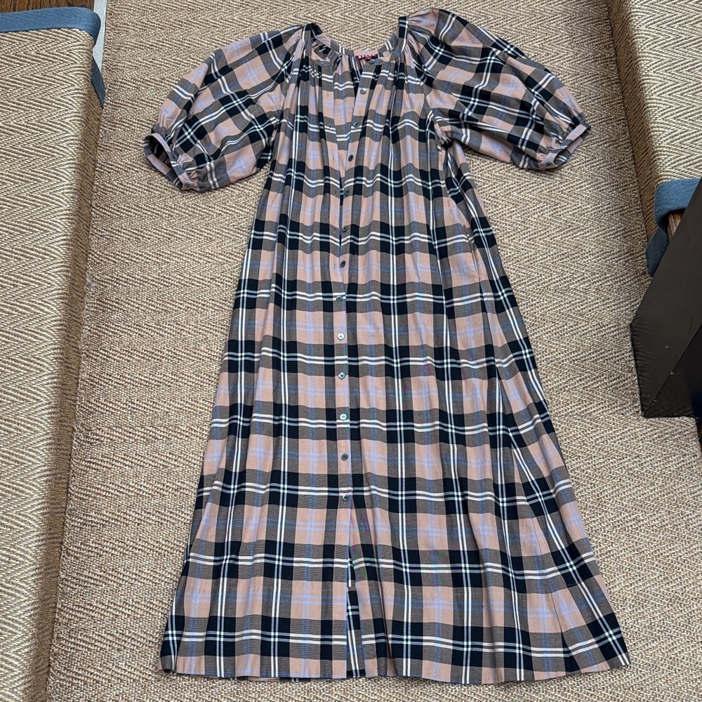 STAUD Plaid Maxi Dress in Black, Tan & Cream